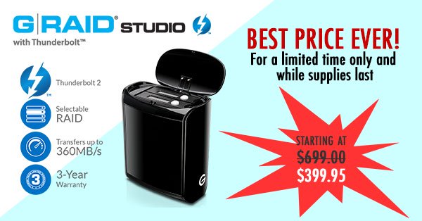 Best Price Ever on G-Tech G-RAID Studio with Thunderbolt 6TB / 8TB / 12TB!