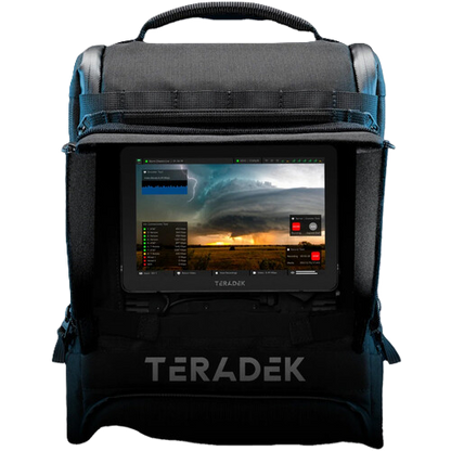 A black Teradek rugged Prism backpack with a built-in screen displaying storm imagery, shown against a plain white background.