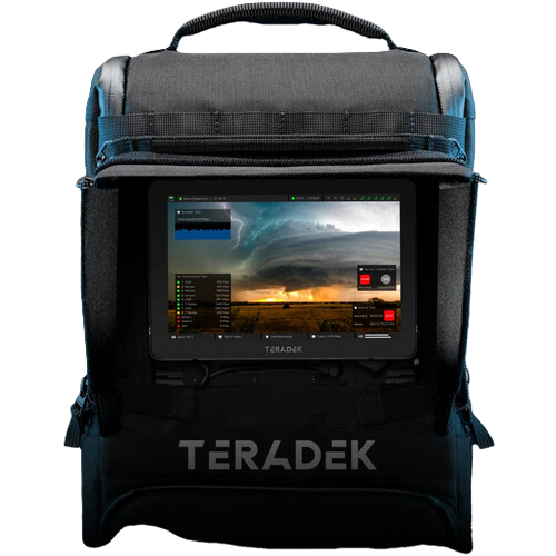 A black Teradek rugged Prism backpack with a built-in screen displaying storm imagery, shown against a plain white background.