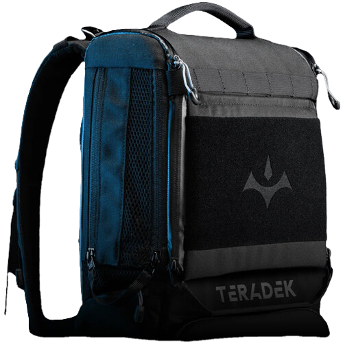 A black and blue tactical Prism backpack with a gray logo on the front pocket and the brand name 'TERADEK' printed on the bottom, shown against a plain white background.