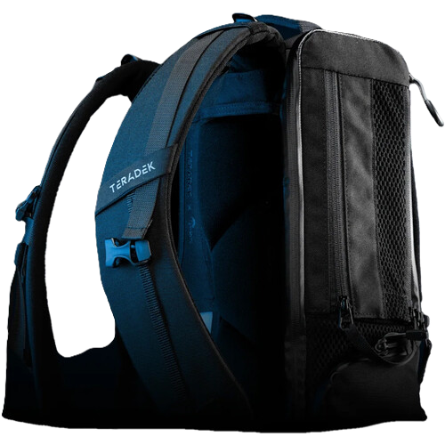 Teradek Prism Backpack with multiple compartments and straps on a black background