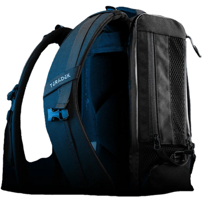 Teradek Prism Backpack with multiple compartments and straps on a black background