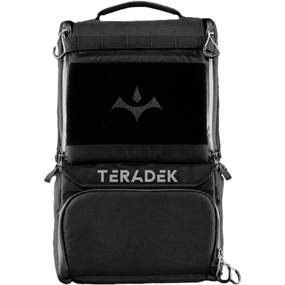 A black Teradek Prism backpack shown from the front against a plain white background, featuring a top handle, multiple zippered compartments, and a silver brand logo and name on the front.