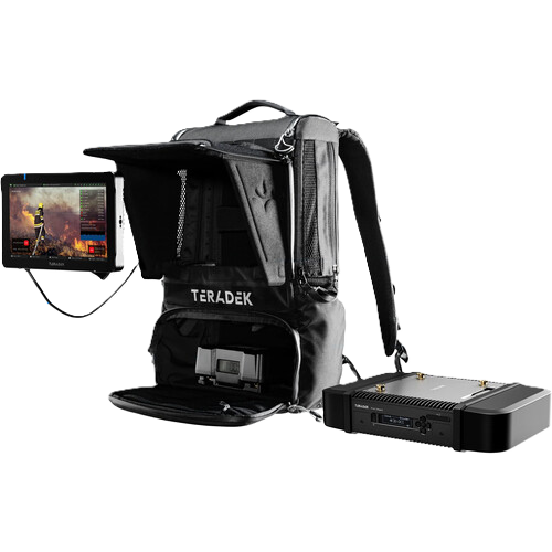 Prism Backpack with Teradek branding and electronic equipment on a white background