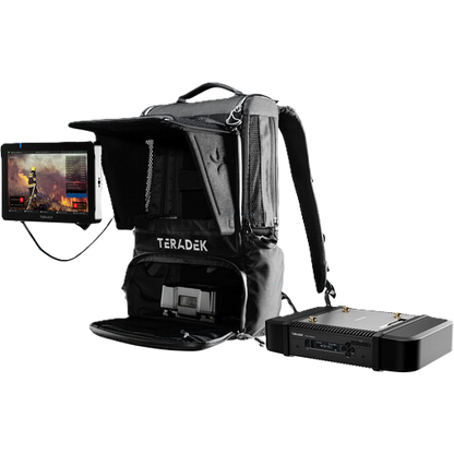Prism Backpack with Teradek branding and electronic equipment on a white background