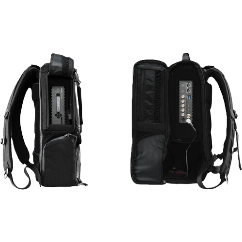 Black Teradek Prism backpack with electronic components on a white background