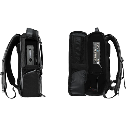 Black Teradek Prism backpack with electronic components on a white background