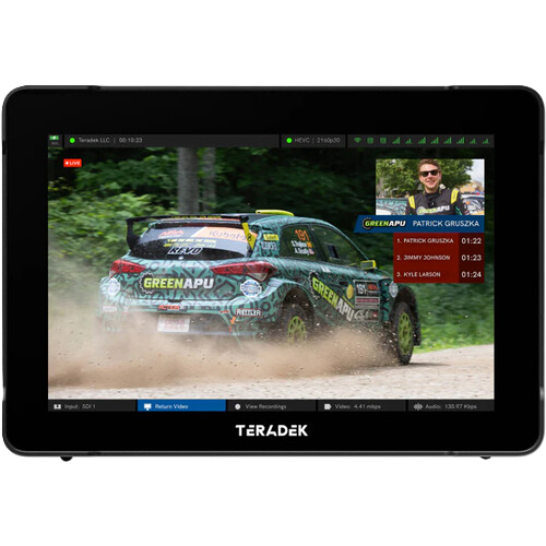 Monitor displaying a racing event with a Teradek logo
