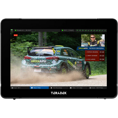 Monitor displaying a racing event with a Teradek logo