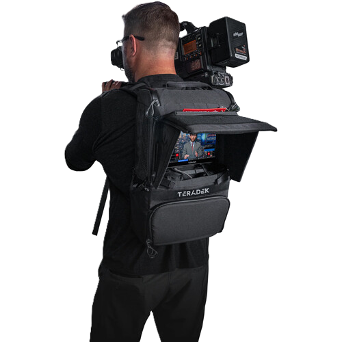 Person wearing a black Teradek Prism Backpack for live streaming