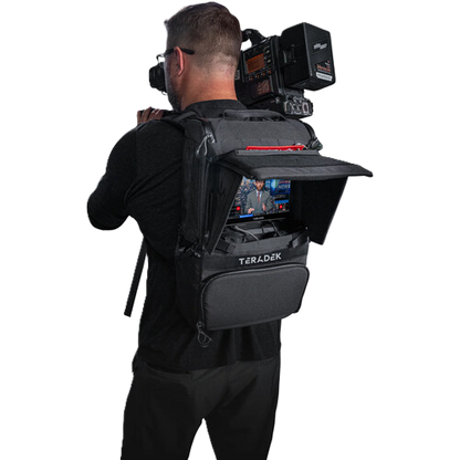 Person wearing a black Teradek Prism Backpack for live streaming