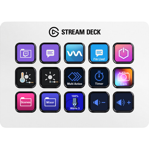 Stream Deck with various buttons and icons on a white background
