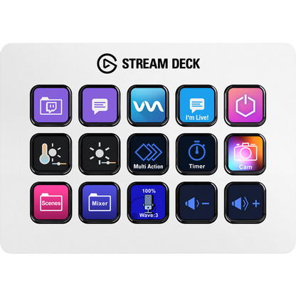 Stream Deck with various buttons and icons on a white background