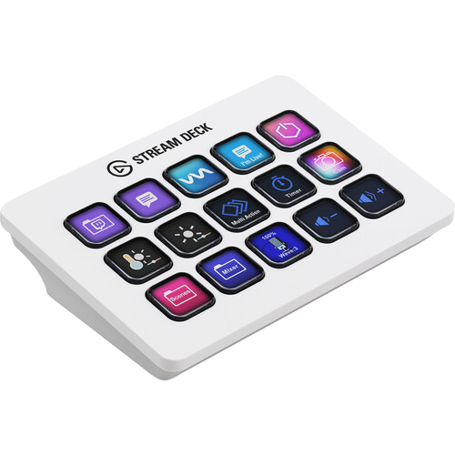 Elgato Stream Deck with colorful buttons on a white background