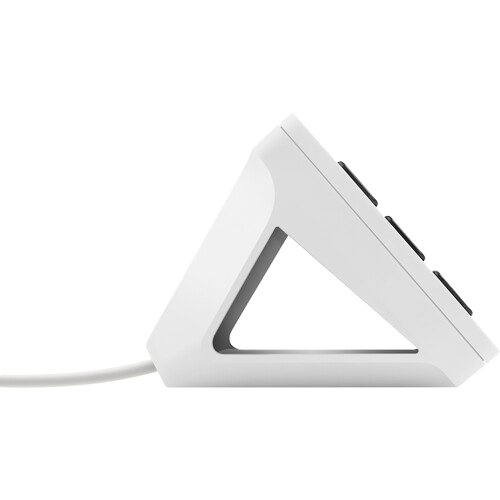 White electronic device with a triangular design on a white background