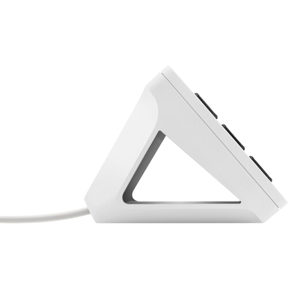 White electronic device with a triangular design on a white background
