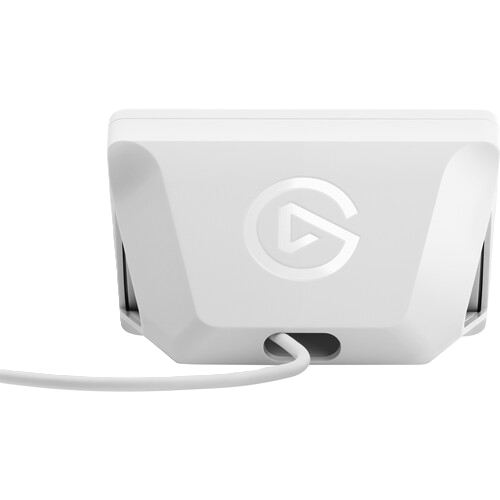 White electronic device with a logo on a white background