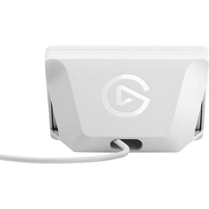 White electronic device with a logo on a white background