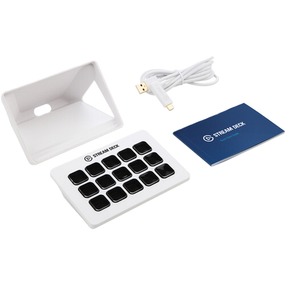 Elgato Stream Deck with USB cable and manual on a white background