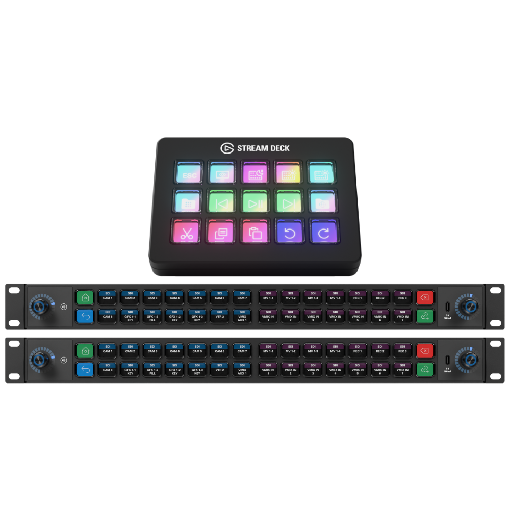 Stream Deck and Stream Deck Studio Two electronic devices on a white background, one labeled 'Stream Deck'.