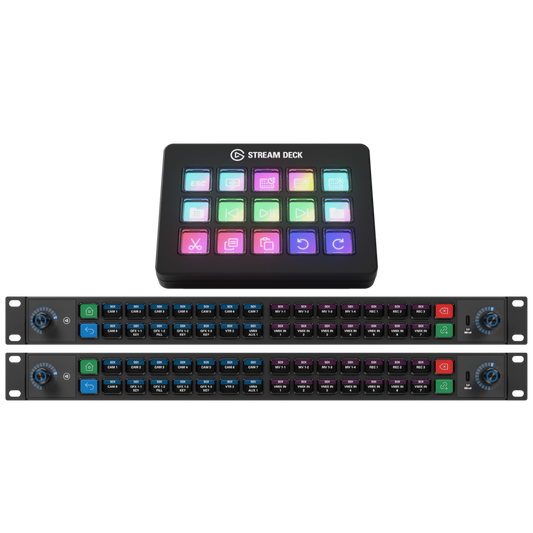 Stream Deck and Stream Deck Studio Two electronic devices on a white background, one labeled 'Stream Deck'.
