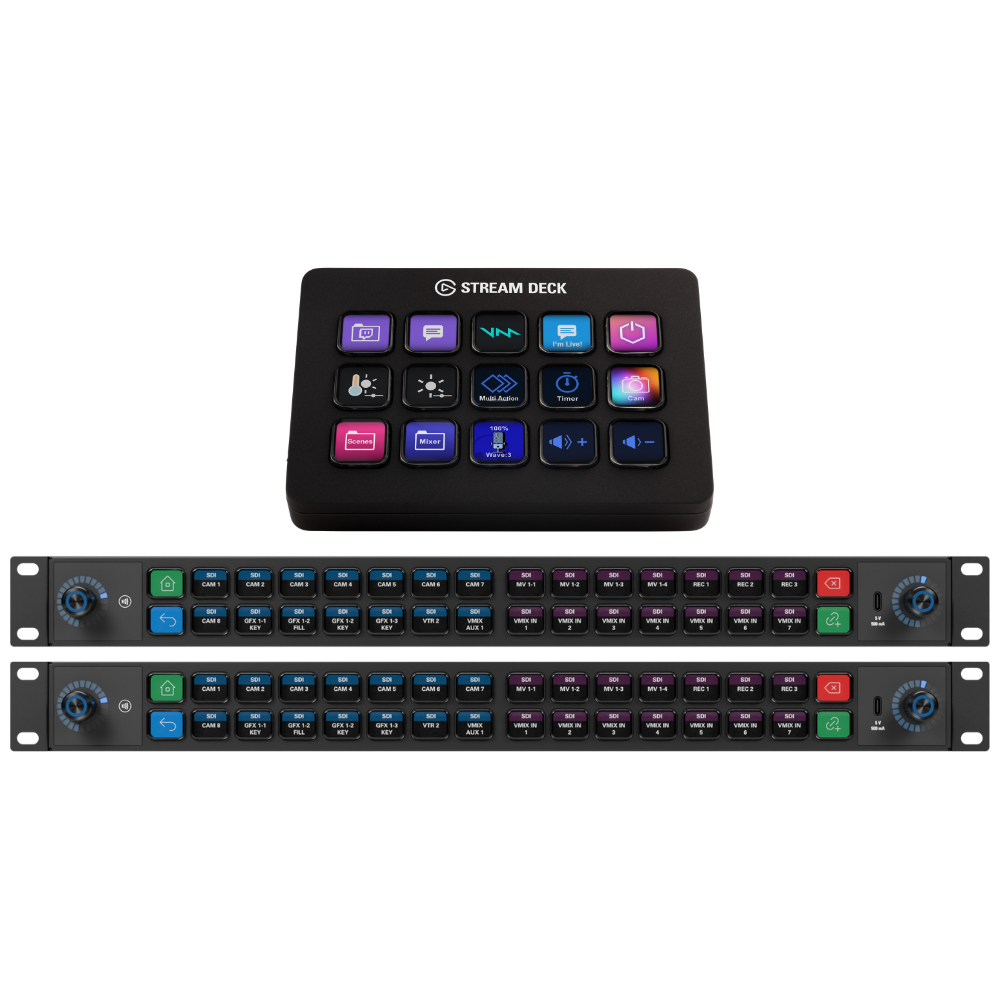 Two electronic devices with buttons and controls on a white background, featuring the Stream Deck brand.