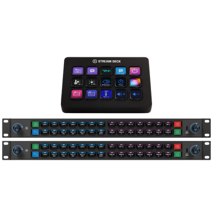 Two electronic devices with buttons and controls on a white background, featuring the Stream Deck brand.