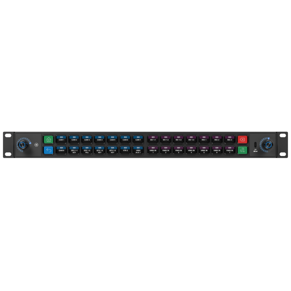Audio patch panel with control knobs and indicator lights on a white background