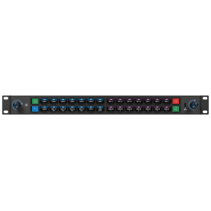 Audio patch panel with control knobs and indicator lights on a white background