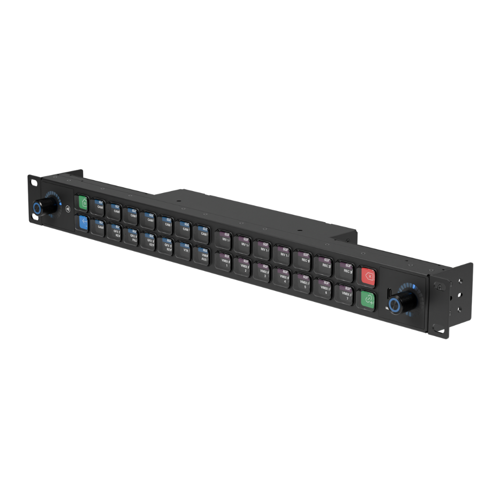 Elgato Stream Deck Studio Black panel with buttons and connectors on a white background