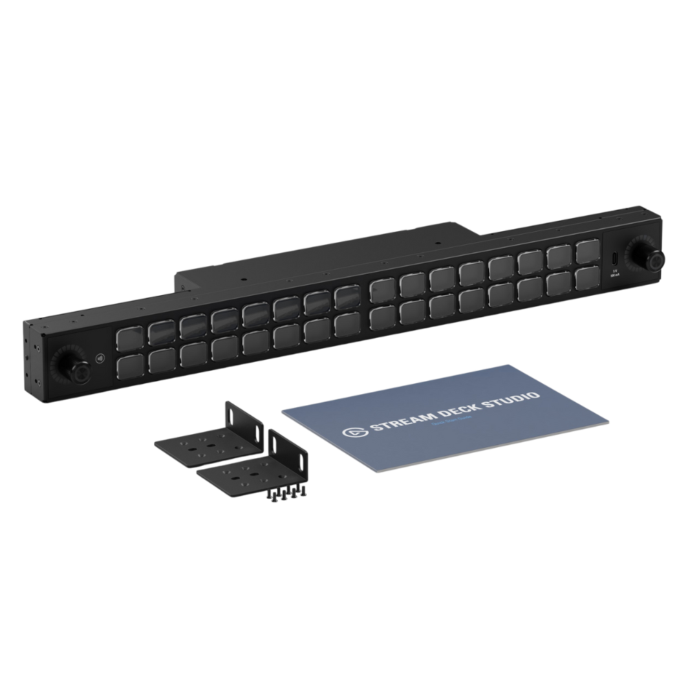 Elgato Stream Deck Studio What's Included Black panel with buttons and mounting brackets on a white background, featuring 'Stream Deck Studio' branding.