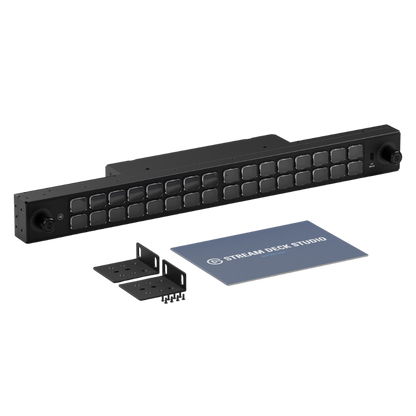 Elgato Stream Deck Studio What's Included Black panel with buttons and mounting brackets on a white background, featuring 'Stream Deck Studio' branding.