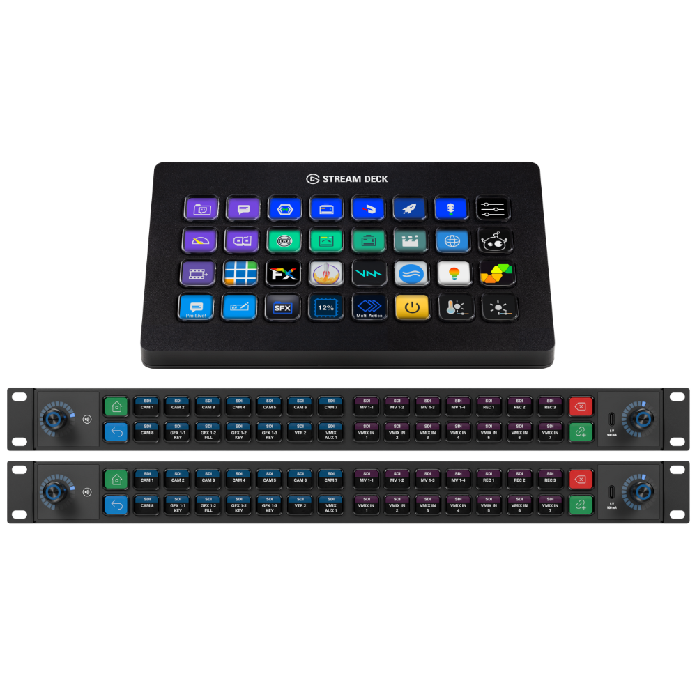 Stream Deck Studio and Stream Deck XL Two control panels with buttons and displays on a white background