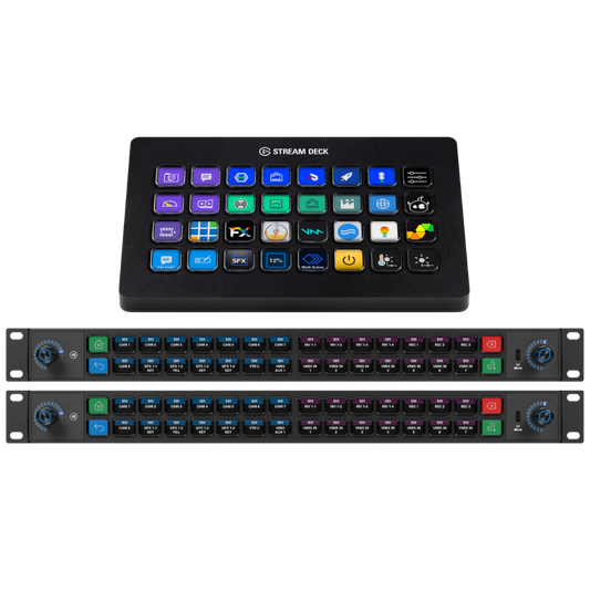 Stream Deck Studio and Stream Deck XL Two control panels with buttons and displays on a white background