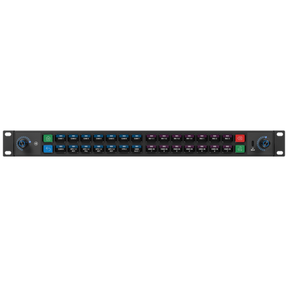 Elgato Stream Deck Studio
 Rack-mounted audio patch panel with control knobs on a white background