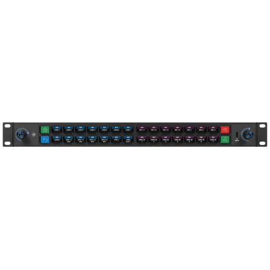 Elgato Stream Deck Studio
 Rack-mounted audio patch panel with control knobs on a white background