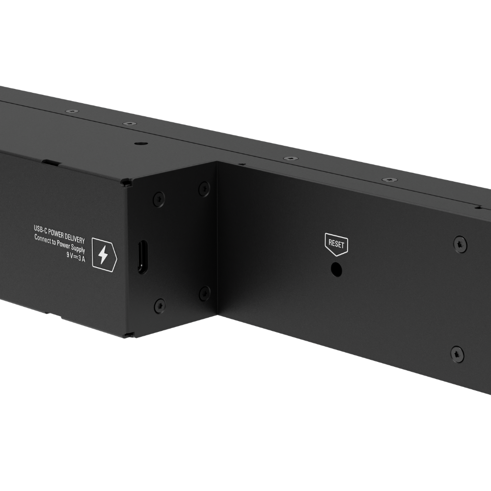 Elgato Stream Deck Studio
 Black metal bracket with USB-C power delivery and reset labels on a white background