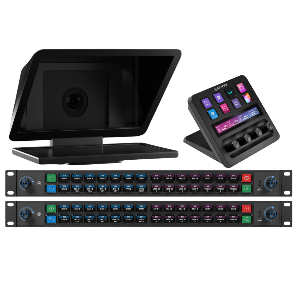 Set of video production equipment including a Elgato Promoter XL, control panel Stream Deck +, and Stream Deck Studio display with colorful interface on a white background.