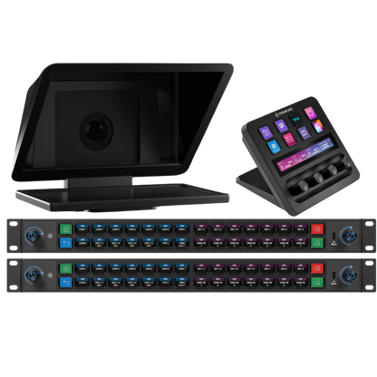 Set of video production equipment including a Elgato Promoter XL, control panel Stream Deck +, and Stream Deck Studio display with colorful interface on a white background.