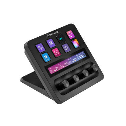 Elgato Stream Deck + Black electronic device with colorful buttons on a white background