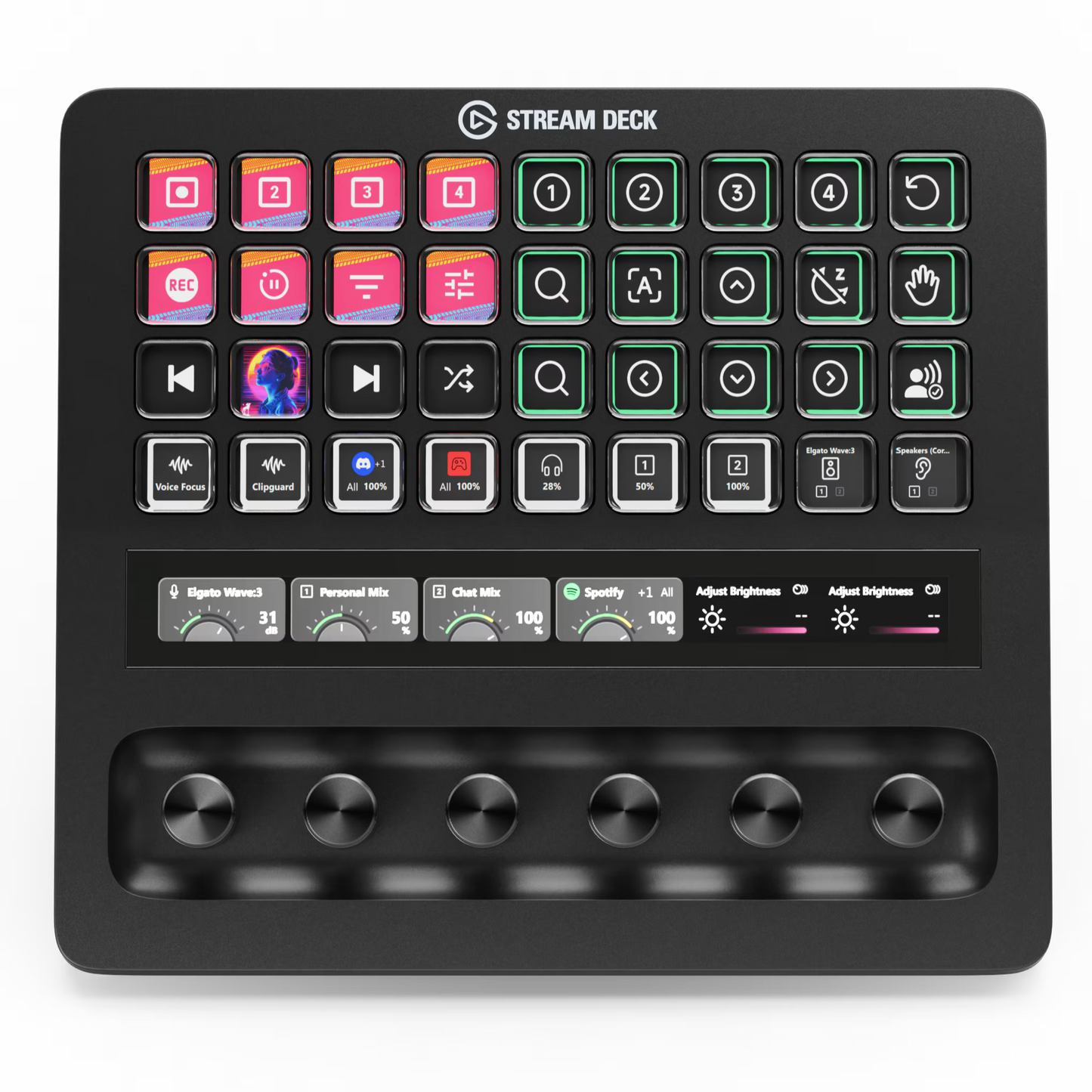 Elgato Stream Deck with various buttons and controls on a white background