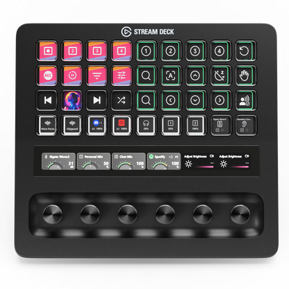 Elgato Stream Deck with various buttons and controls on a white background