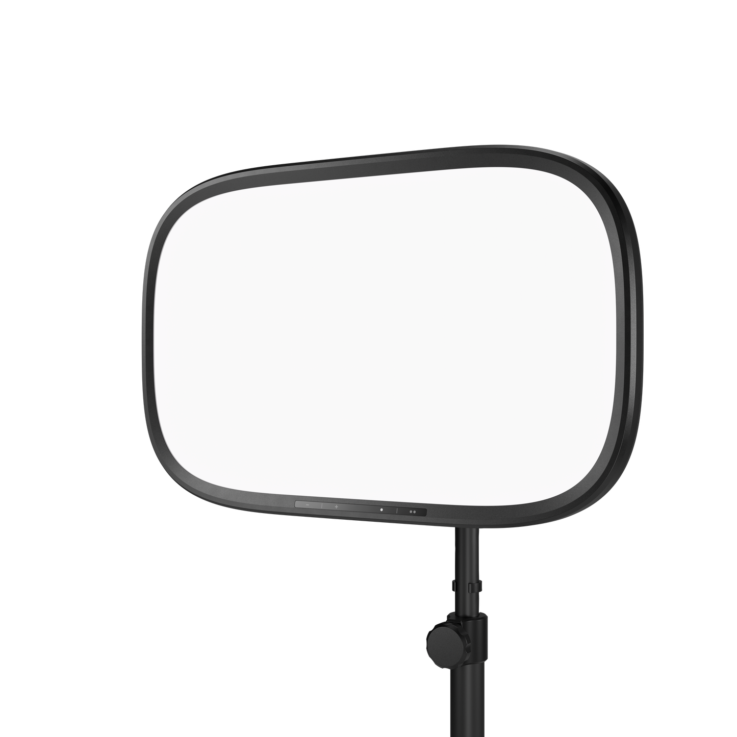A rectangular elgato key light on a black adjustable stand, isolated on a solid white background.