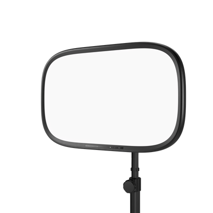 A rectangular elgato key light on a black adjustable stand, isolated on a solid white background.