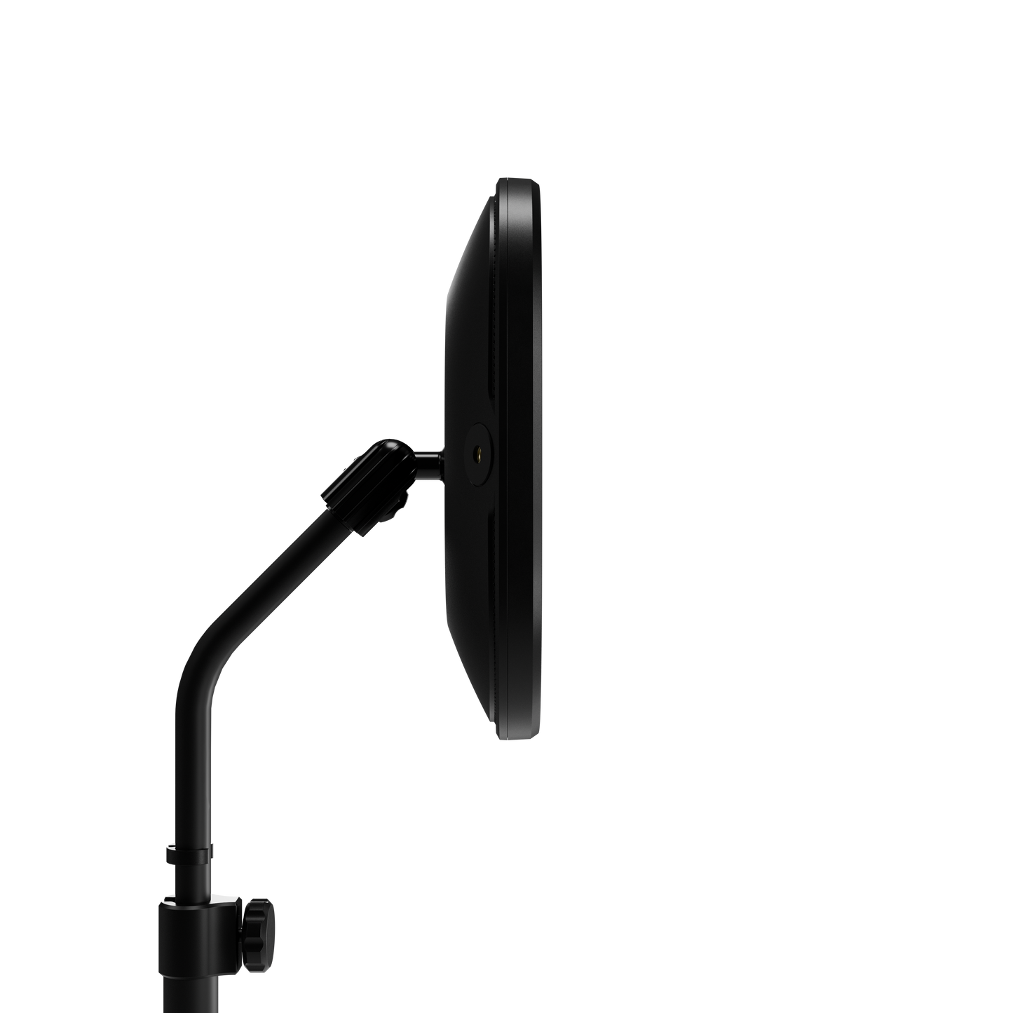 A black studio elgato key light mounted on an adjustable stand, shown in profile against a solid white background.
