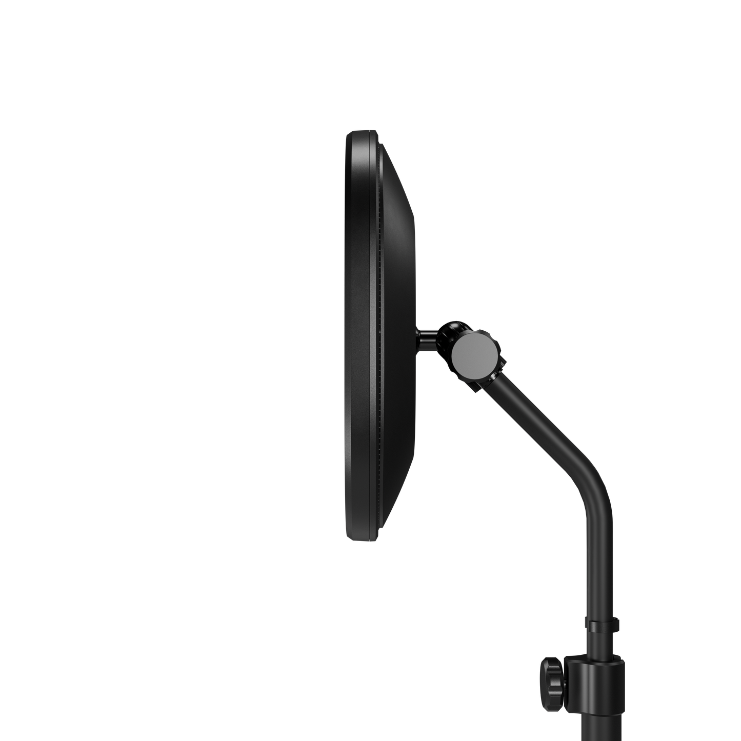 Black studio elgato key light with an adjustable mounting arm and stand, shown from the side against a solid white background.
