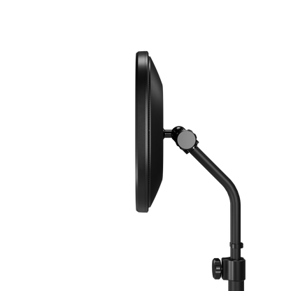 Black studio elgato key light with an adjustable mounting arm and stand, shown from the side against a solid white background.