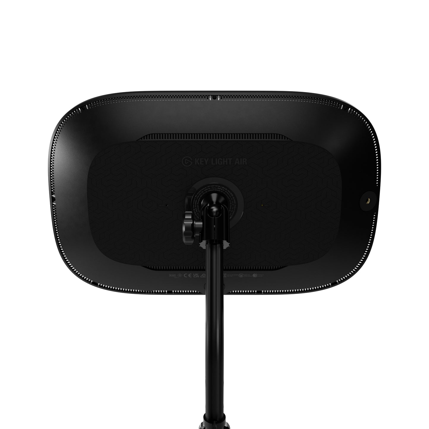 Black LED ring light with a rectangular rounded-rectangle head and adjustable stand, shown from the back on a white background.