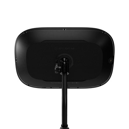 Black LED ring light with a rectangular rounded-rectangle head and adjustable stand, shown from the back on a white background.