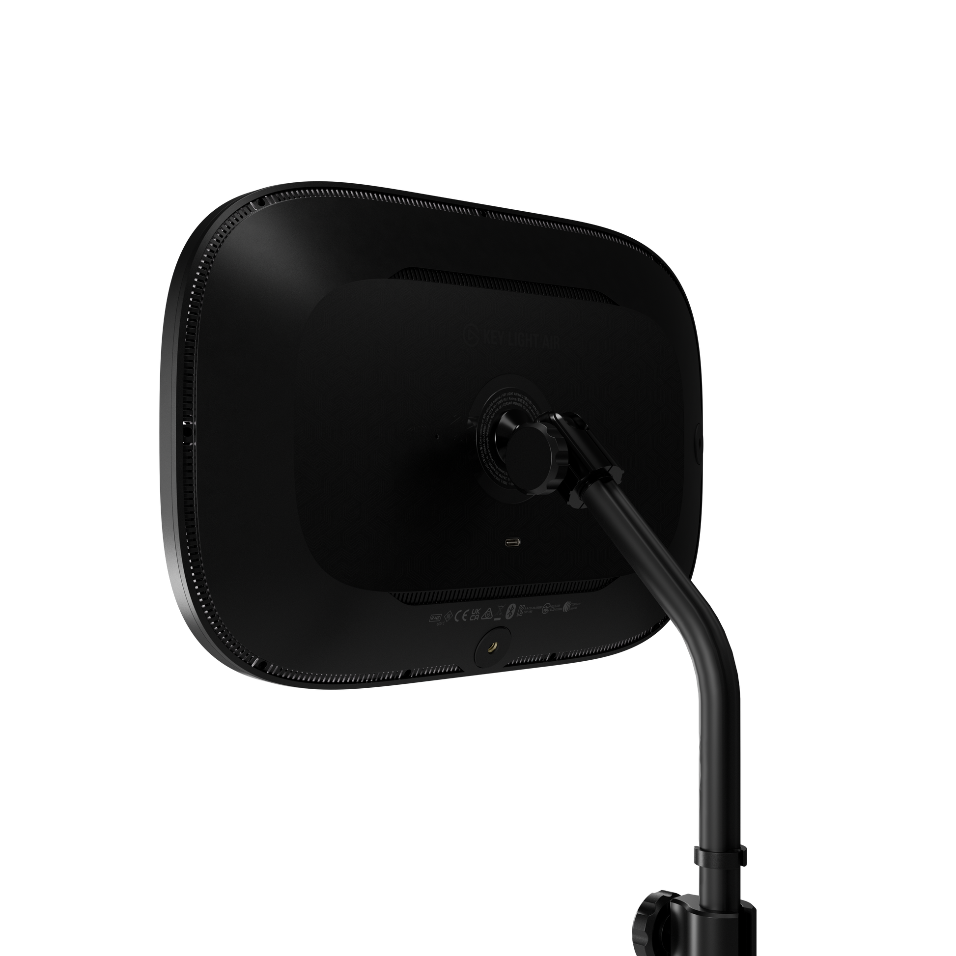 Black LED light panel with a curved mounting arm, shown from a rear three-quarter angle against a solid white background.